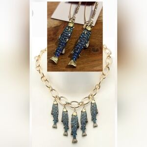Betsey Johnson Blue Pave Fish Charm Necklace and Earrings Set Ma